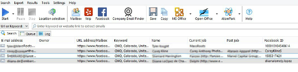 facebook email extraction results
