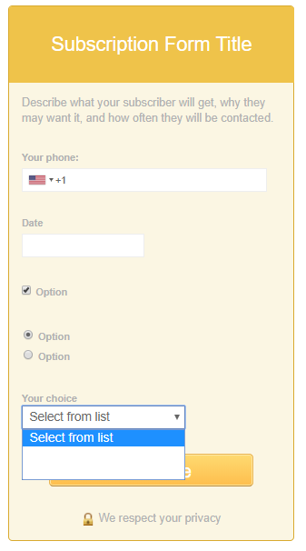 SMS sign-up form with selection elements 