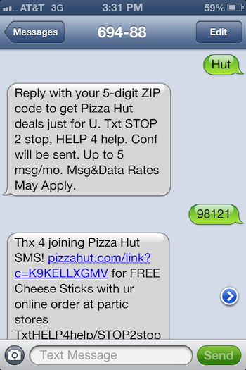 UK Pizza Hut Geo-targeted SMS campaign example