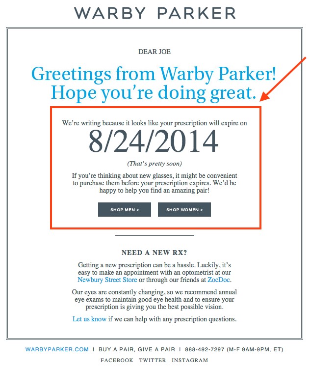 of Warby Parker’s to-the-point email